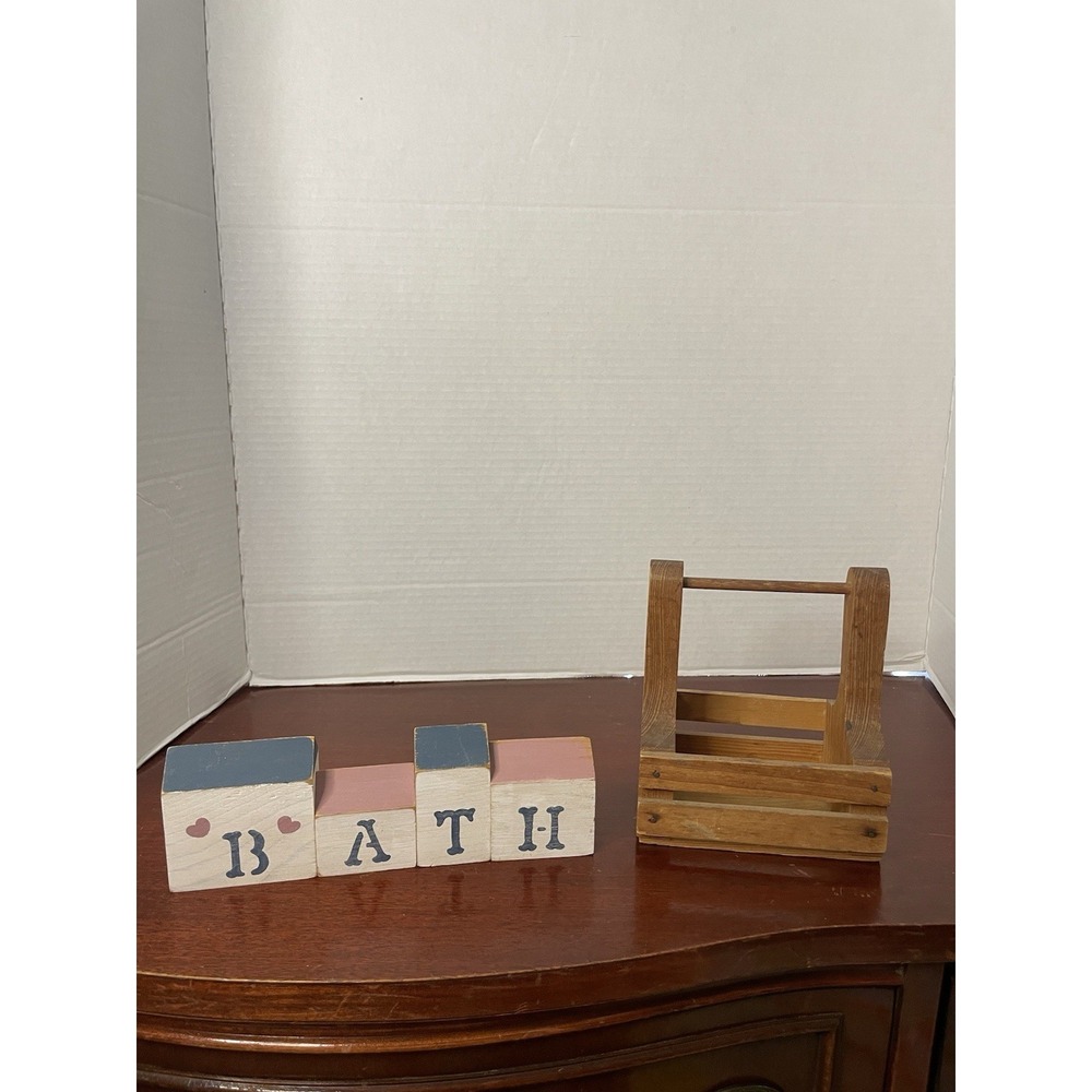 Vintage "BATH" Country Cottage Rustic Handcrafted Wooden Blocks & Basket